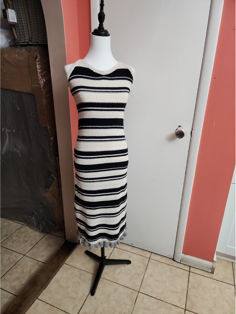 Fishman 1996 Black Ivory Striped Knit Dress Skirt Set Size S Sleeveless V Neck